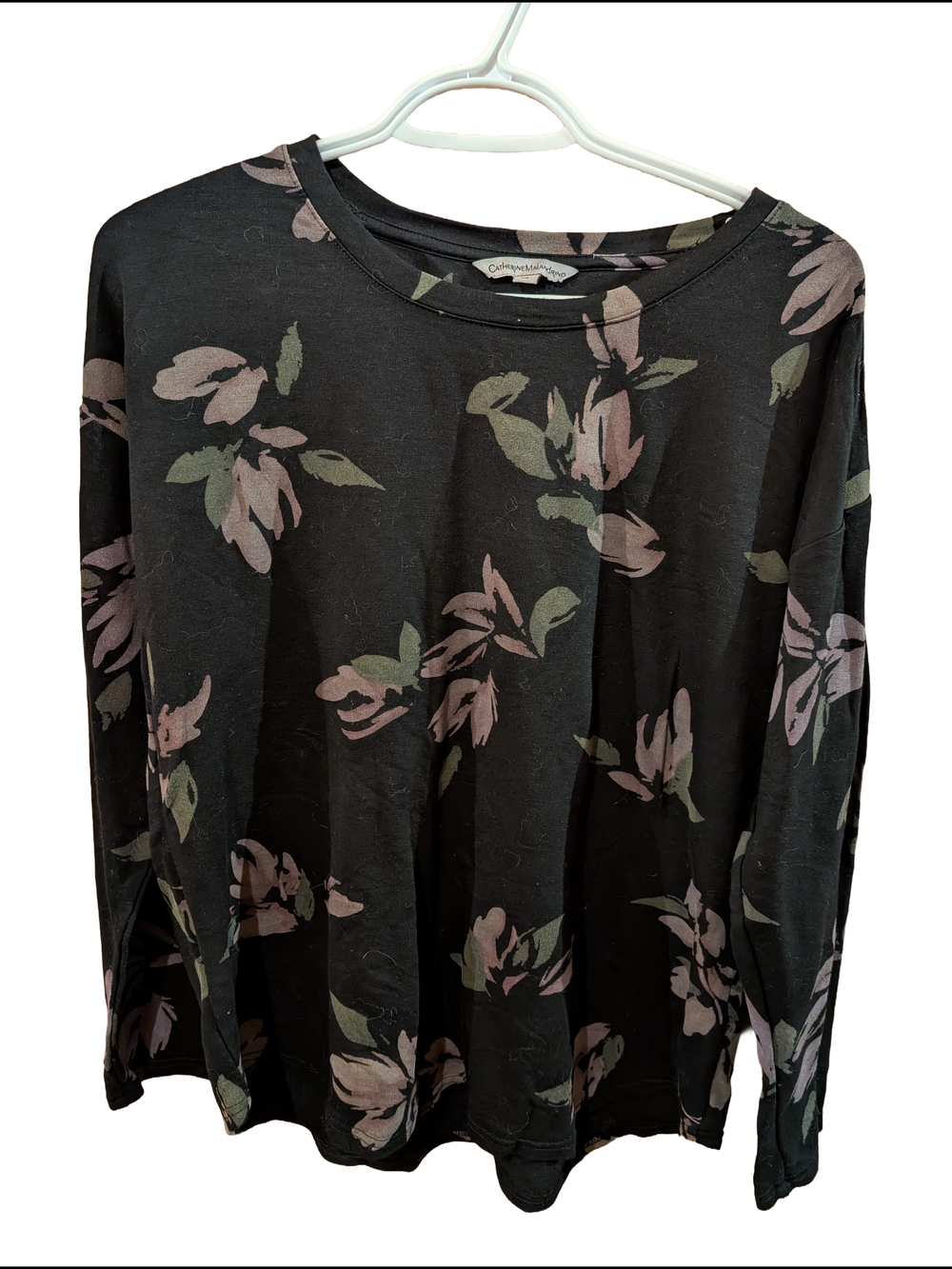Catherine Malandrino Black Long Sleeve Tee with Pink & Green Floral Print